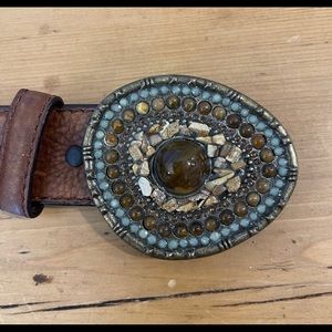 Brass and Natural Stone Belt Buckle with Georgia Boot Leather Belt Sz 38